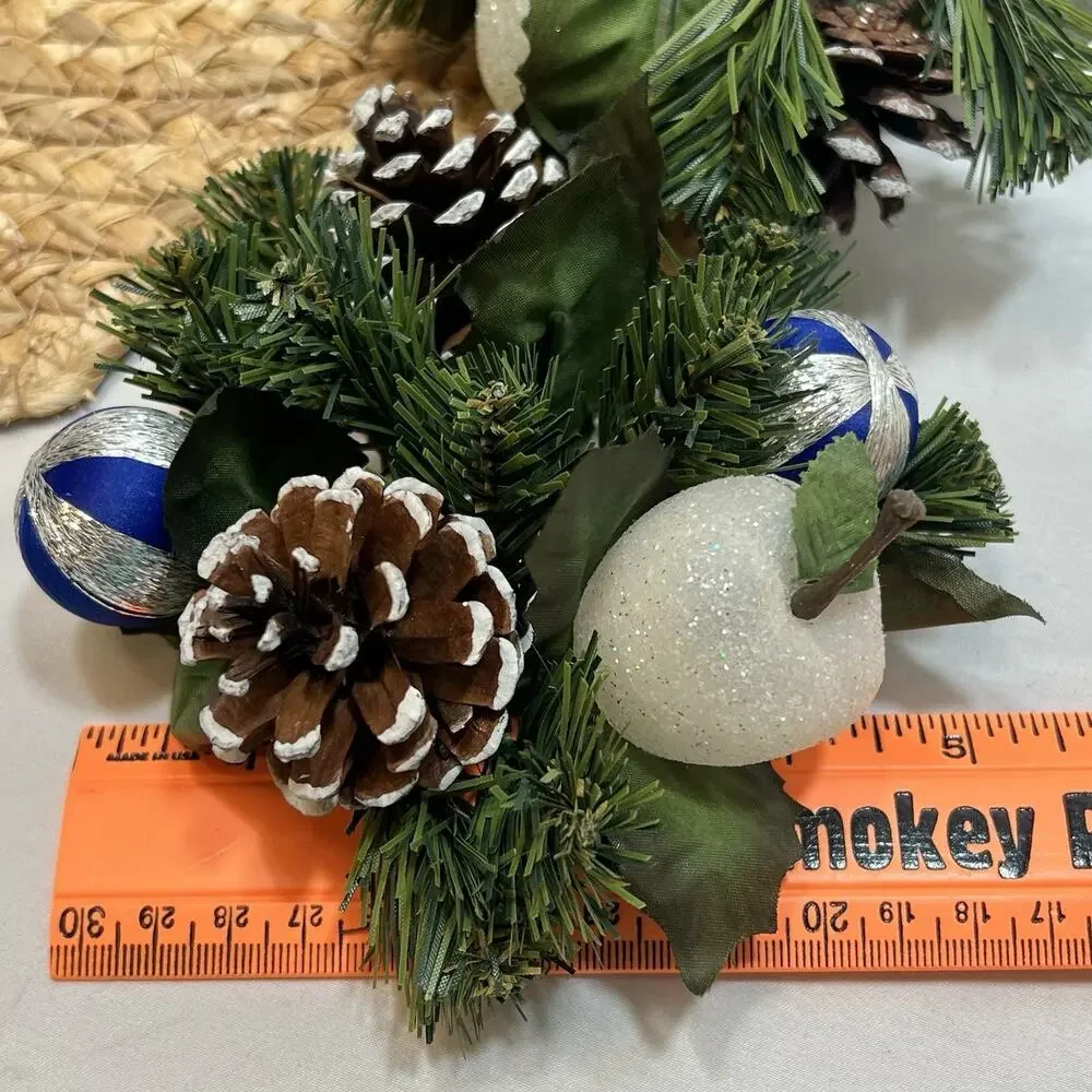 Vintage Set of 2 Blue & Silver Apple Pinecones Satin Ball Taper Candle Rings